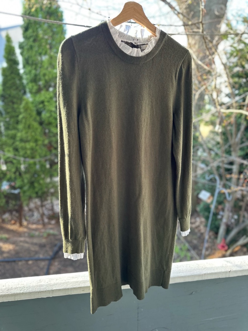 Boden Olive Long-Sleeve Sweater Dress with Ruffle Trim